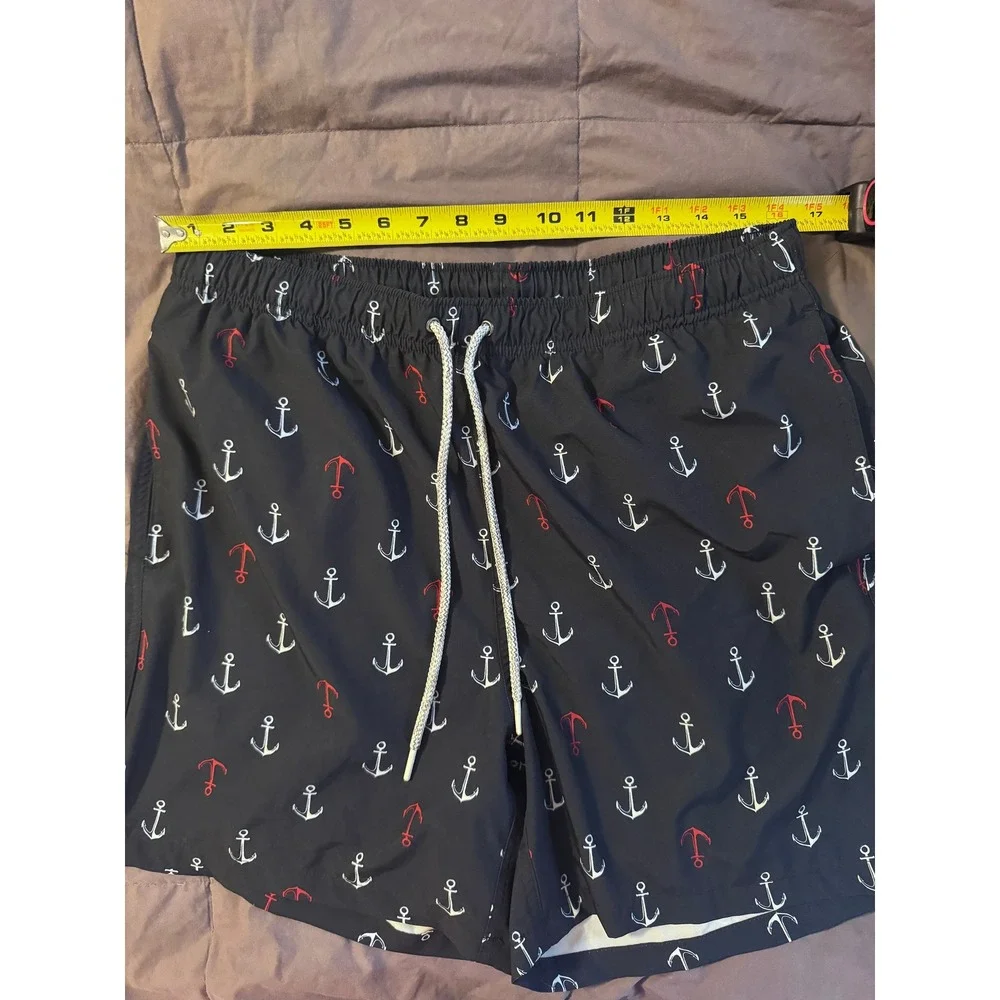 Rainforest Mens Navy Blue Anchor Print Swim Trunks Shorts Large